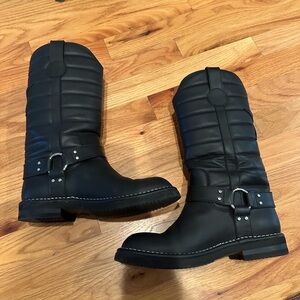 Channel leather harness biker boots. Size 37 1/2.  Black quilted above calf.